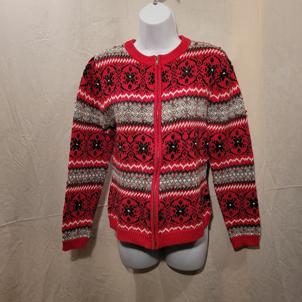 B. Moss Gray & Red Zippered Cardigan Sweater